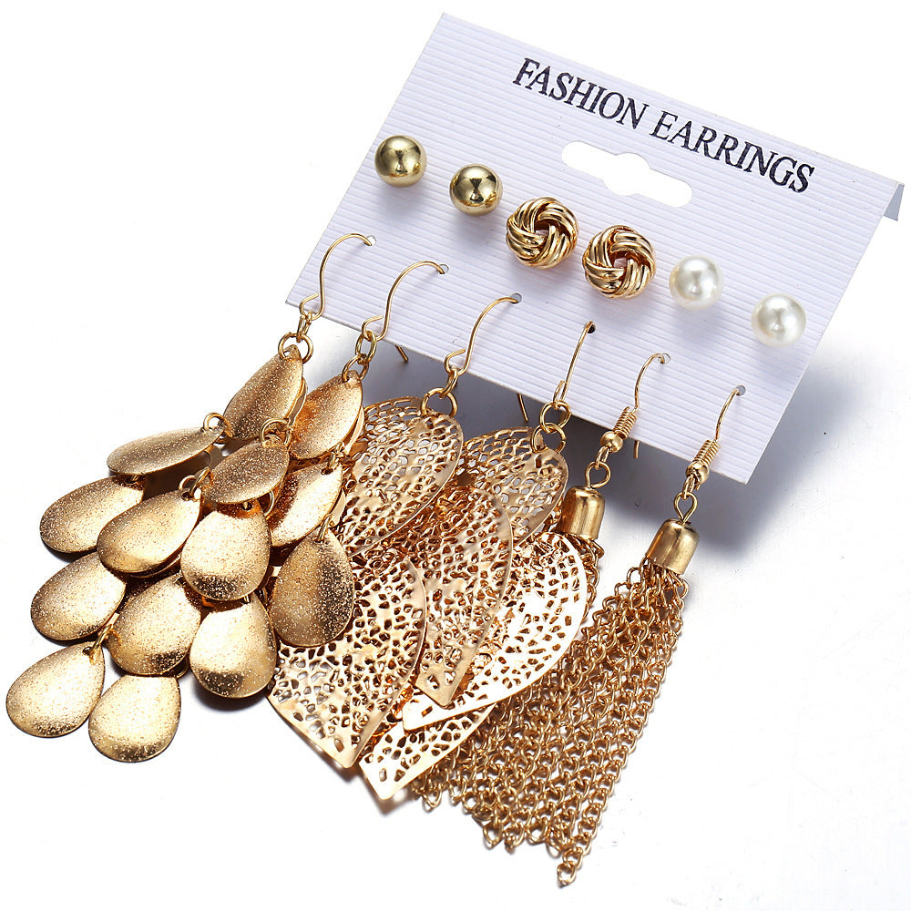 6 pairs of plate pearl earrings set hollow leaf woven earrings