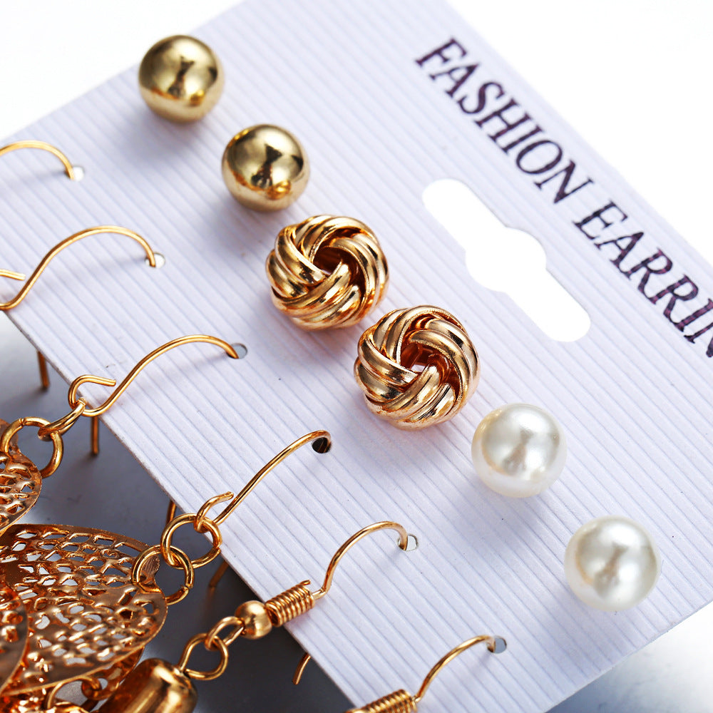 6 pairs of plate pearl earrings set hollow leaf woven earrings