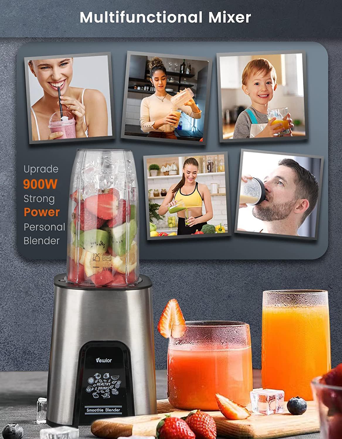 VEWIOR 900W Smoothie Blender for Shakes and Smoothies, 6 Pieces Personal Blender for Kitchen, 2*22oz Blender Cups with To-Go Lids for Fruit Vegetables, Beans, Nuts, Spices(Shipment from FBA)