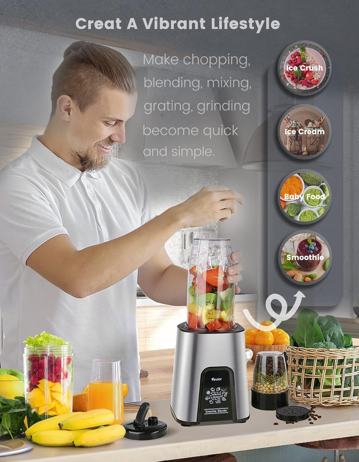VEWIOR 900W Smoothie Blender for Shakes and Smoothies, 6 Pieces Personal Blender for Kitchen, 2*22oz Blender Cups with To-Go Lids for Fruit Vegetables, Beans, Nuts, Spices(Shipment from FBA)