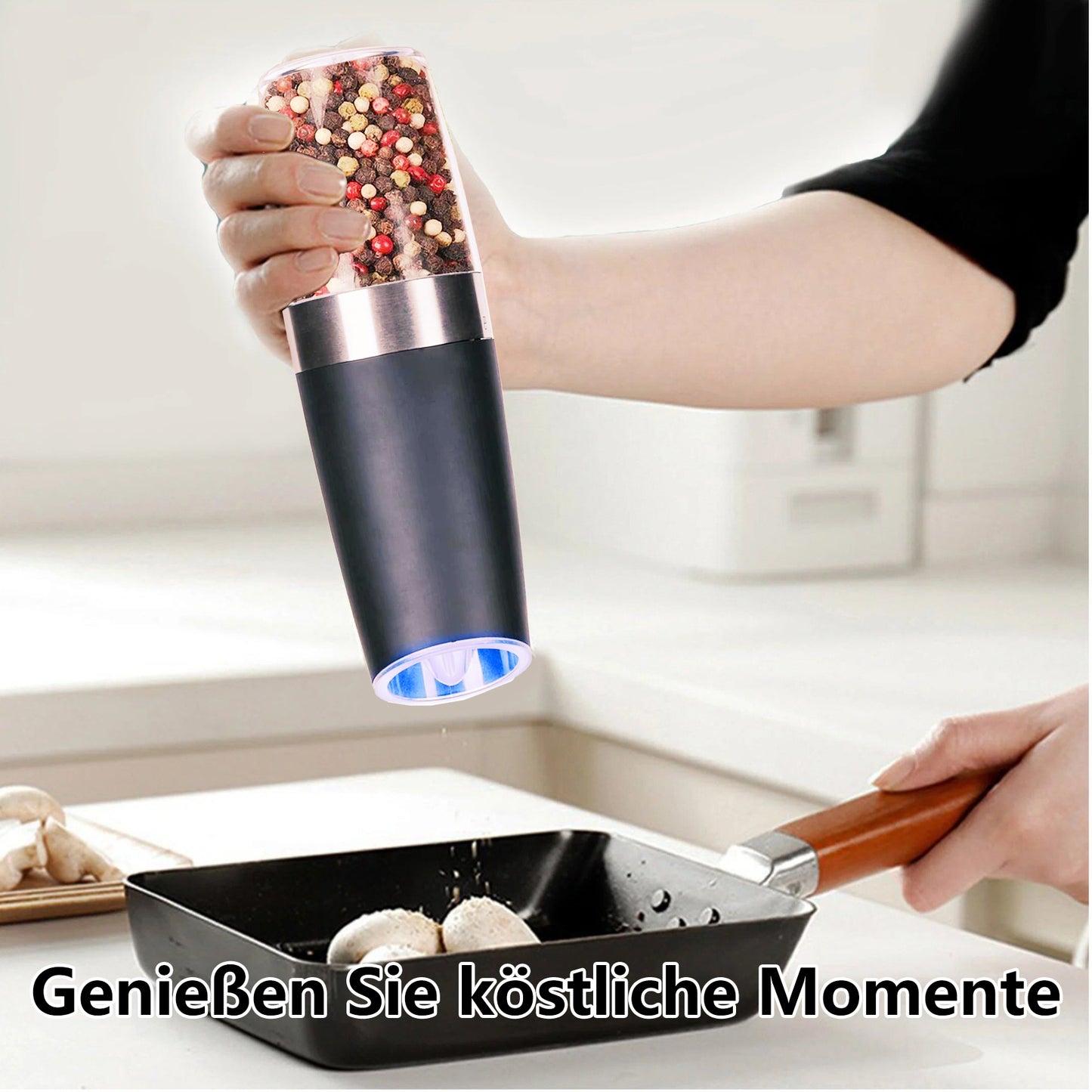 Gravity Electric Salt and Pepper Mill Set, Stainless Steel Automatic Pepper and Salt Miller, LED Blue Light, Battery Operated