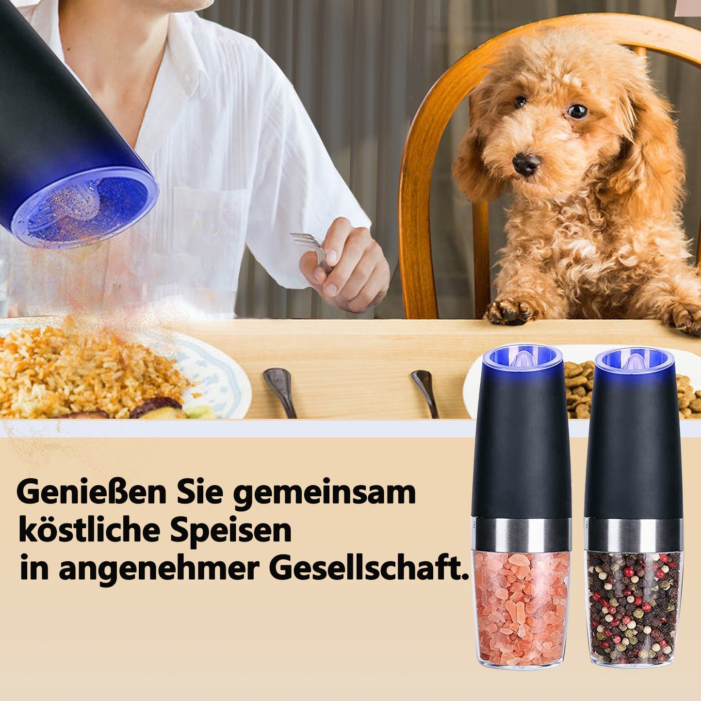 Gravity Electric Salt and Pepper Mill Set, Stainless Steel Automatic Pepper and Salt Miller, LED Blue Light, Battery Operated