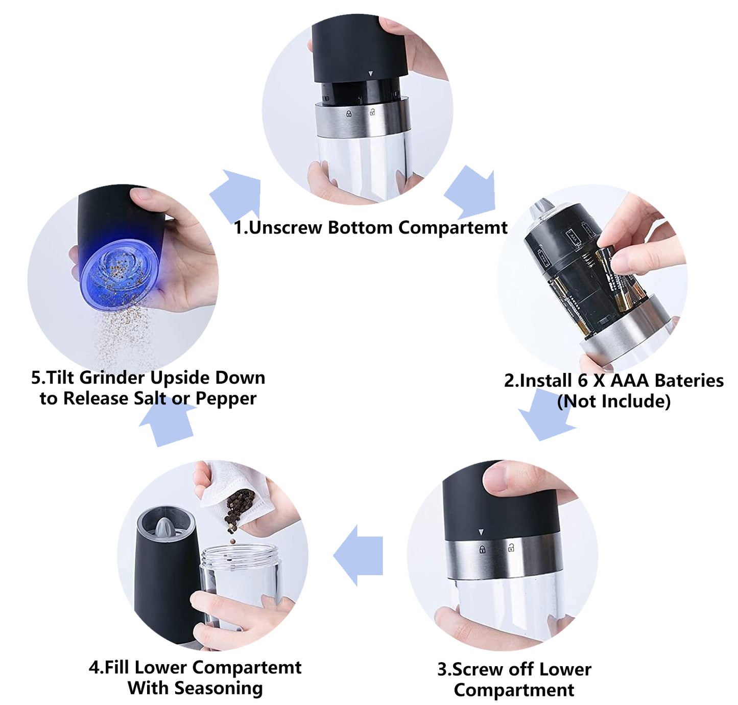 Gravity Electric Salt and Pepper Mill Set, Stainless Steel Automatic Pepper and Salt Miller, LED Blue Light, Battery Operated