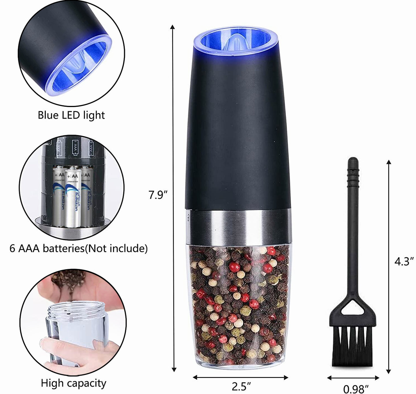 Gravity Electric Salt and Pepper Mill Set, Stainless Steel Automatic Pepper and Salt Miller, LED Blue Light, Battery Operated