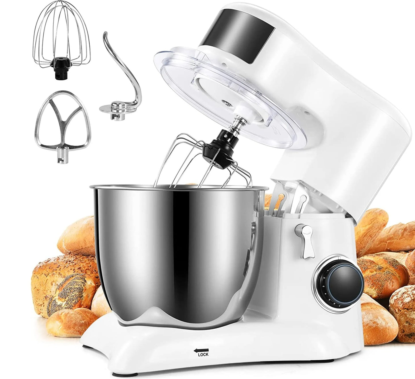 Food Processor Kneading Machine, 10 Speed Settings, with 5.5 Litre Stainless Steel Bowl, Whisk, Whisk, Mixing Bowl, 1300W (White)