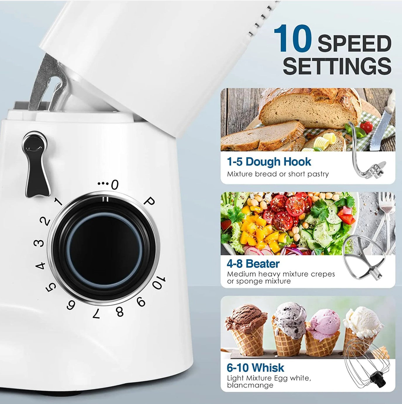 Food Processor Kneading Machine, 10 Speed Settings, with 5.5 Litre Stainless Steel Bowl, Whisk, Whisk, Mixing Bowl, 1300W (White)