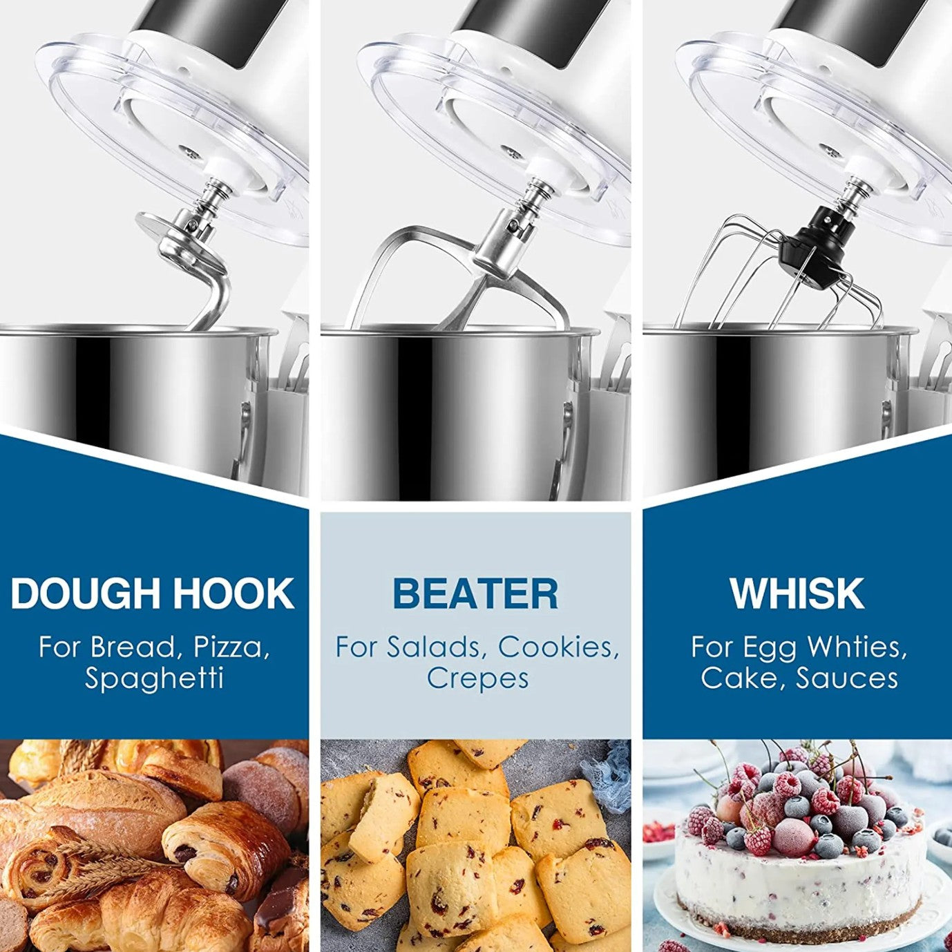 Food Processor Kneading Machine, 10 Speed Settings, with 5.5 Litre Stainless Steel Bowl, Whisk, Whisk, Mixing Bowl, 1300W (White)