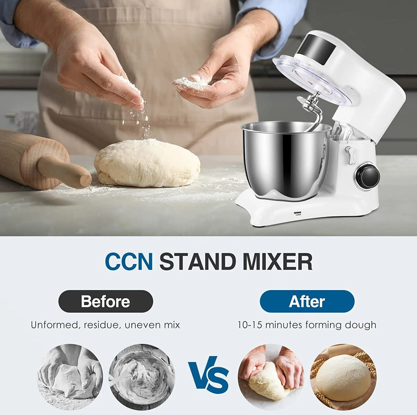 Food Processor Kneading Machine, 10 Speed Settings, with 5.5 Litre Stainless Steel Bowl, Whisk, Whisk, Mixing Bowl, 1300W (White)