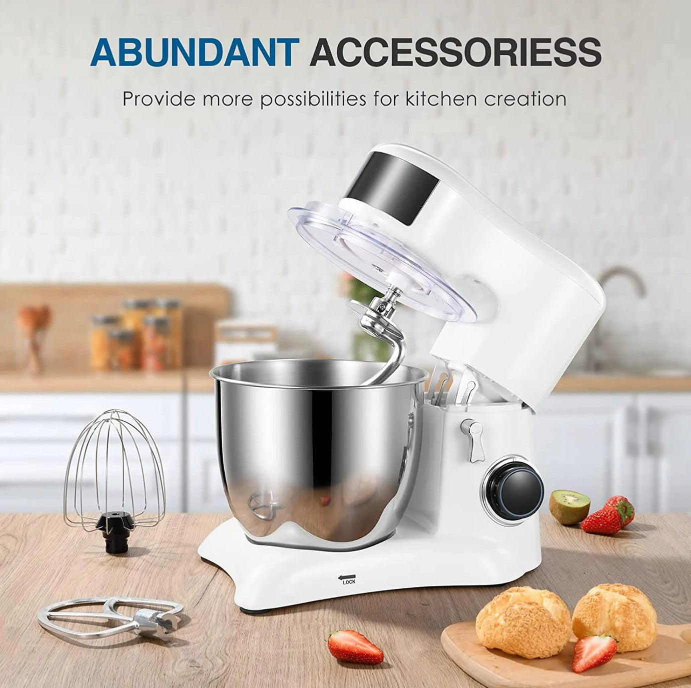 Food Processor Kneading Machine, 10 Speed Settings, with 5.5 Litre Stainless Steel Bowl, Whisk, Whisk, Mixing Bowl, 1300W (White)