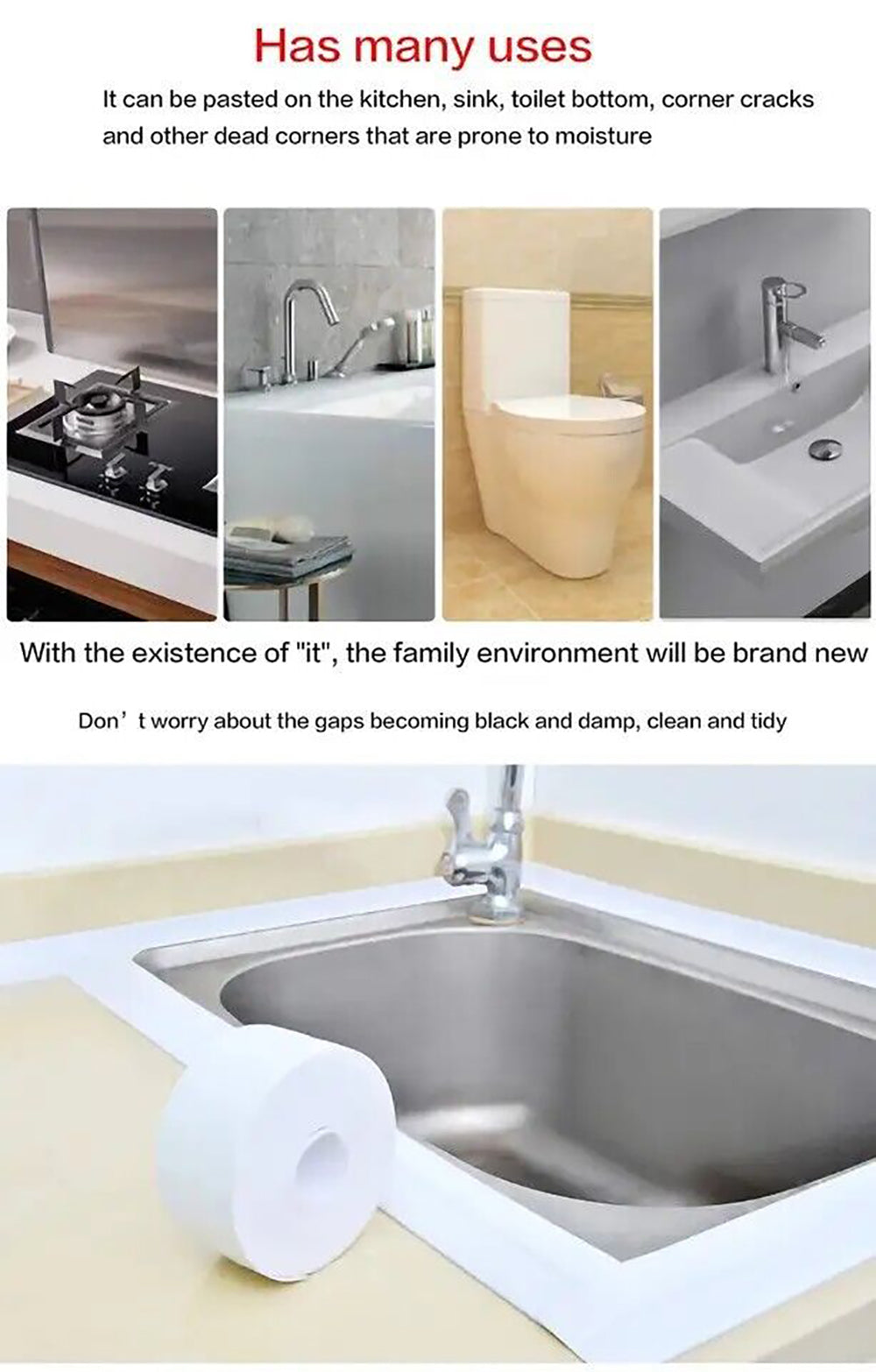 3PCS Bath Kitchen Caulk Tape Sealant Strip PVC Self Adhesive Toilet Wall Sealing Tape