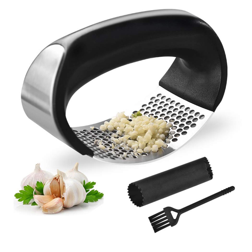 Stainless Steel Garlic Press, Household Manual Garlic Masher, Kitchen Ginger Garlic Masher, With Silicone Peeler and Cleaning Brush