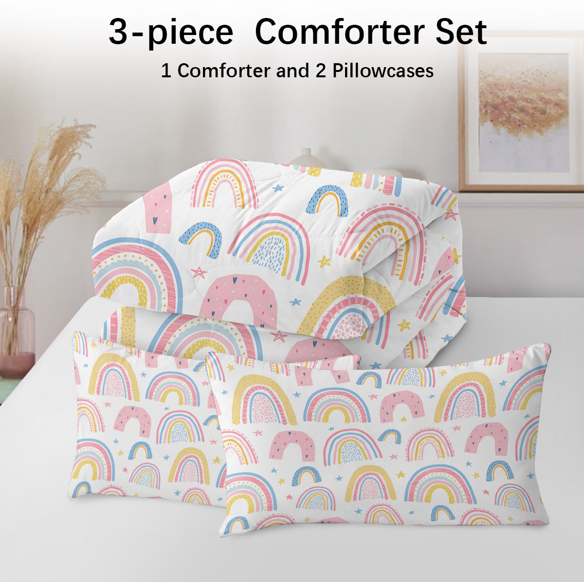 Rainbow Pattern Comforter Set for Women Pink and Yellow Rainbow Star Comforter 3 Piece with 2 Pillow Shams(1 Comforter and 2 Pillow Shams) Twin Size