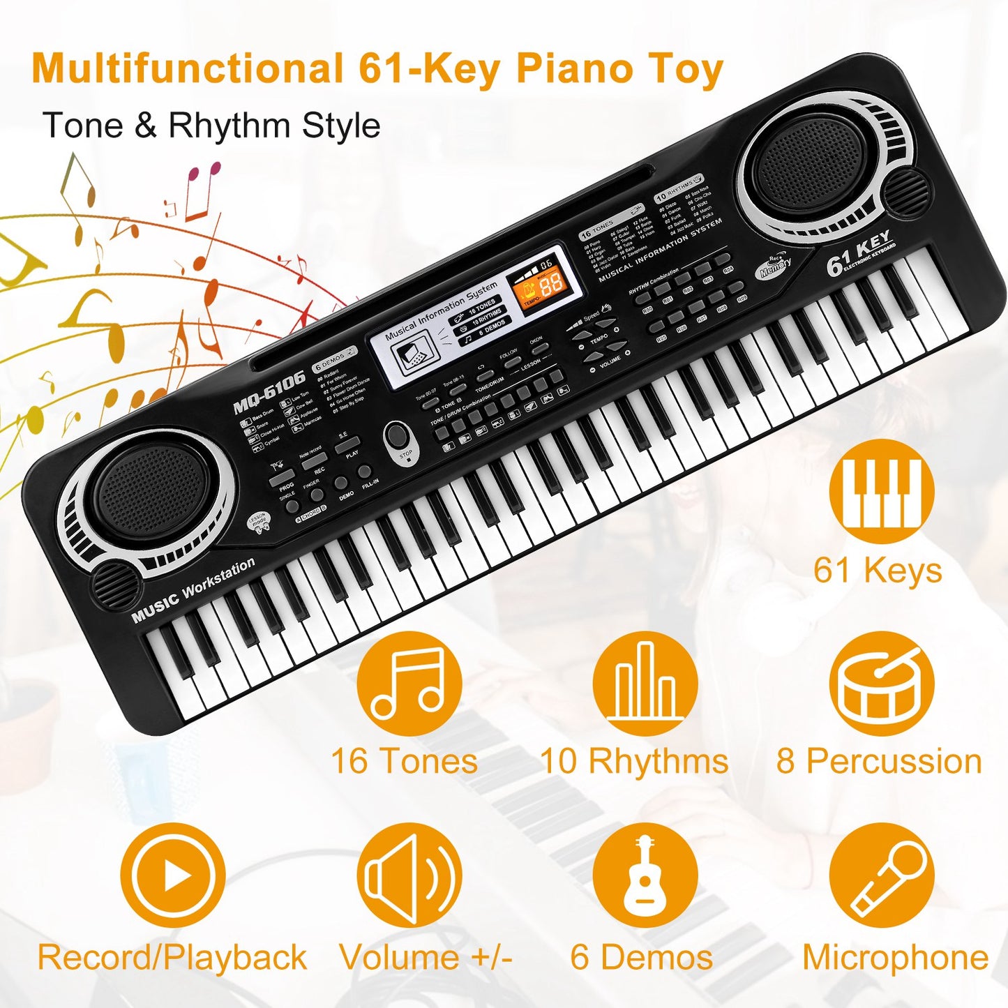 61 Keys Digital Music Electronic Keyboard Electric Piano Musical Instrument Kids Learning Keyboard w/ Microphone For Beginners Kids Girls Boys Adults