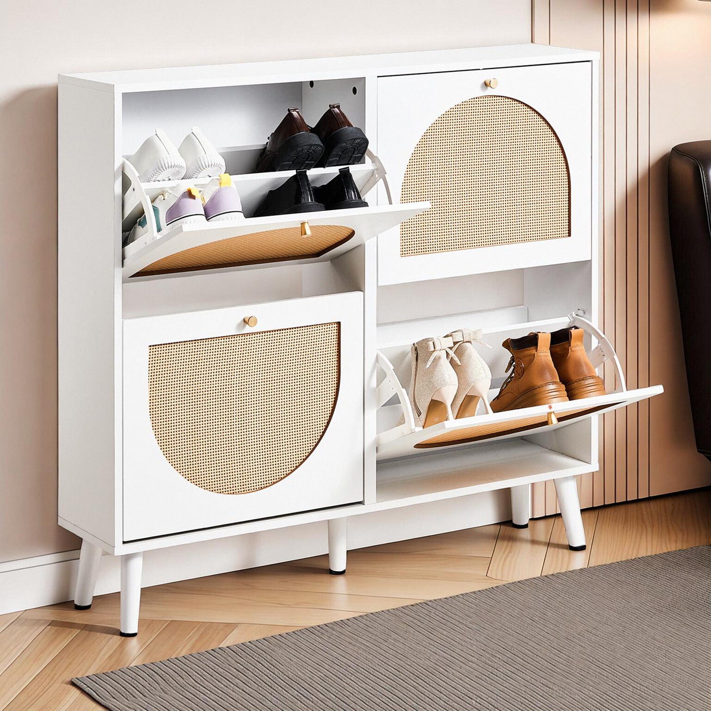 2 rows of 4 dump buckets with high feet round rattan shoe cabinet particle board + plastic rattan 105*24*98cm white frame + original wood rattan surface + gold high feet