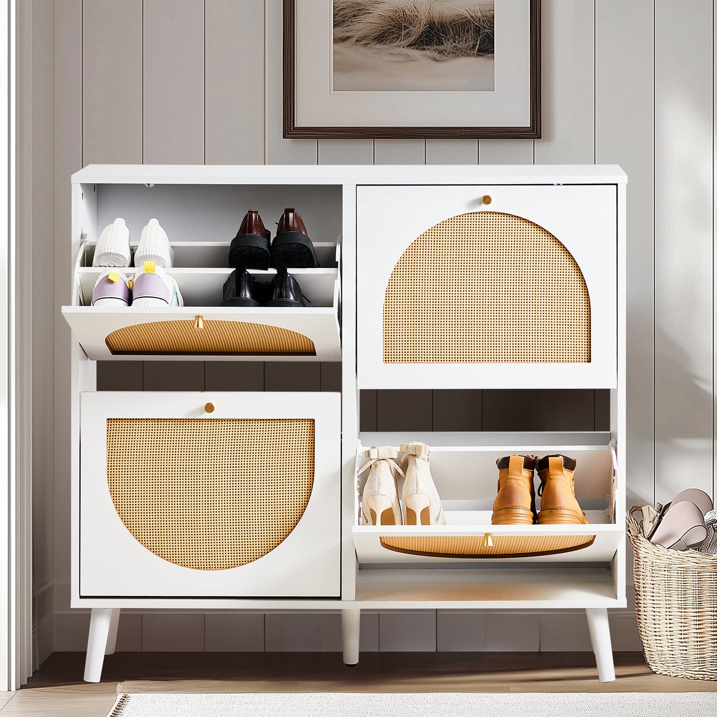 2 rows of 4 dump buckets with high feet round rattan shoe cabinet particle board + plastic rattan 105*24*98cm white frame + original wood rattan surface + gold high feet