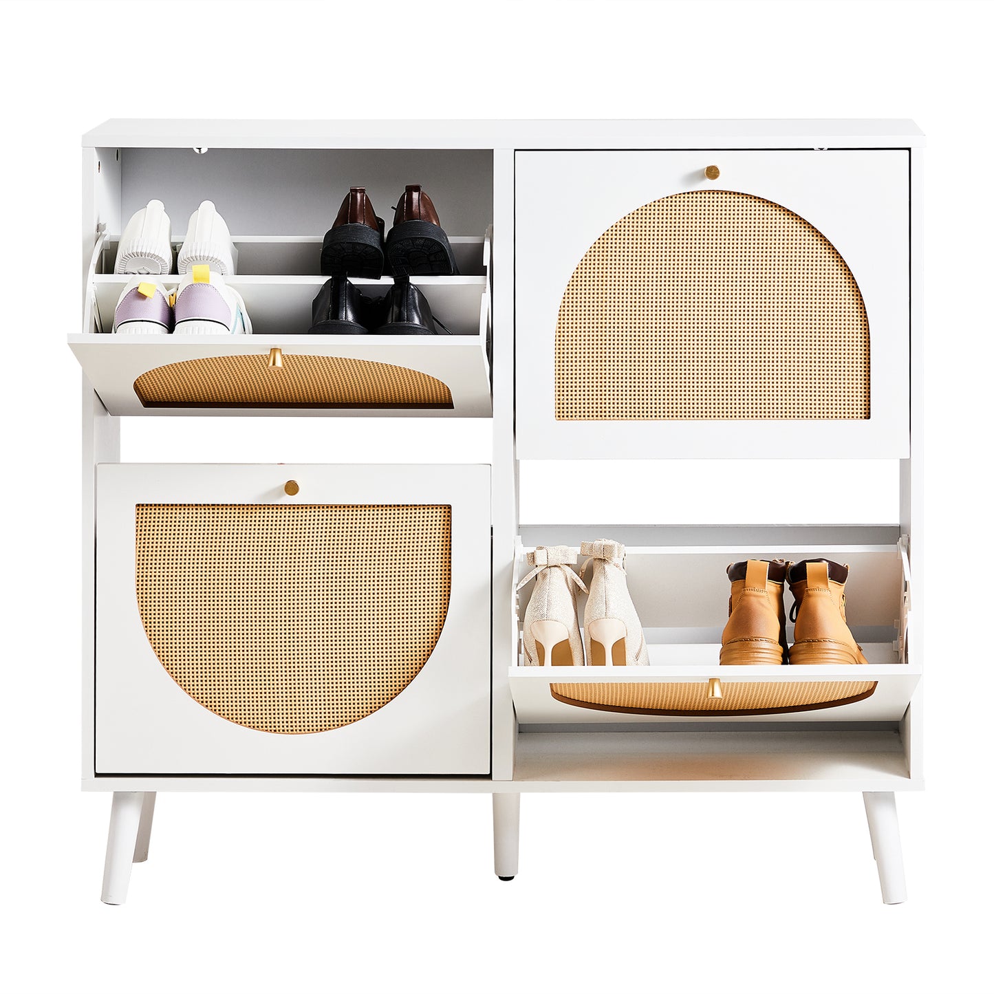 2 rows of 4 dump buckets with high feet round rattan shoe cabinet particle board + plastic rattan 105*24*98cm white frame + original wood rattan surface + gold high feet