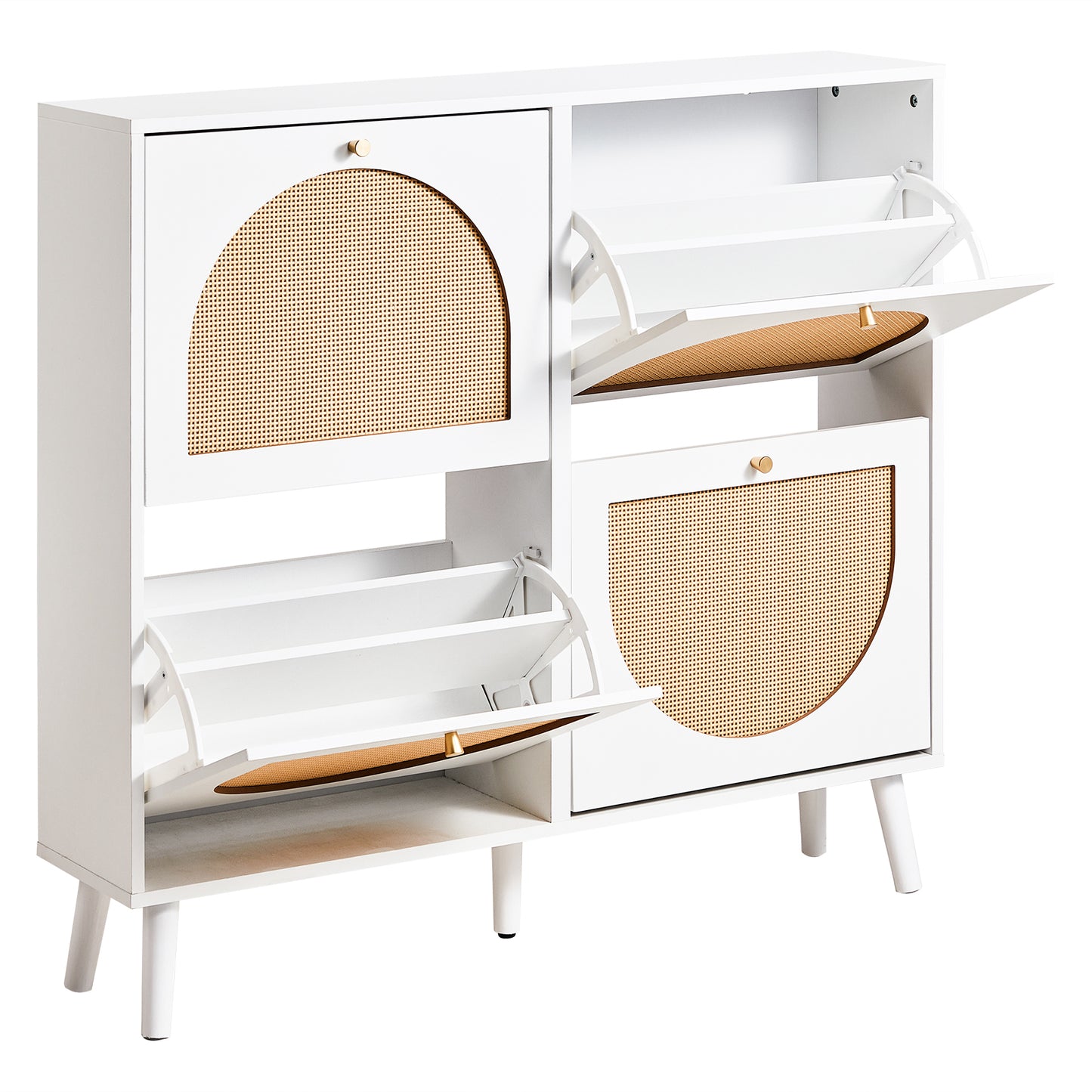 2 rows of 4 dump buckets with high feet round rattan shoe cabinet particle board + plastic rattan 105*24*98cm white frame + original wood rattan surface + gold high feet