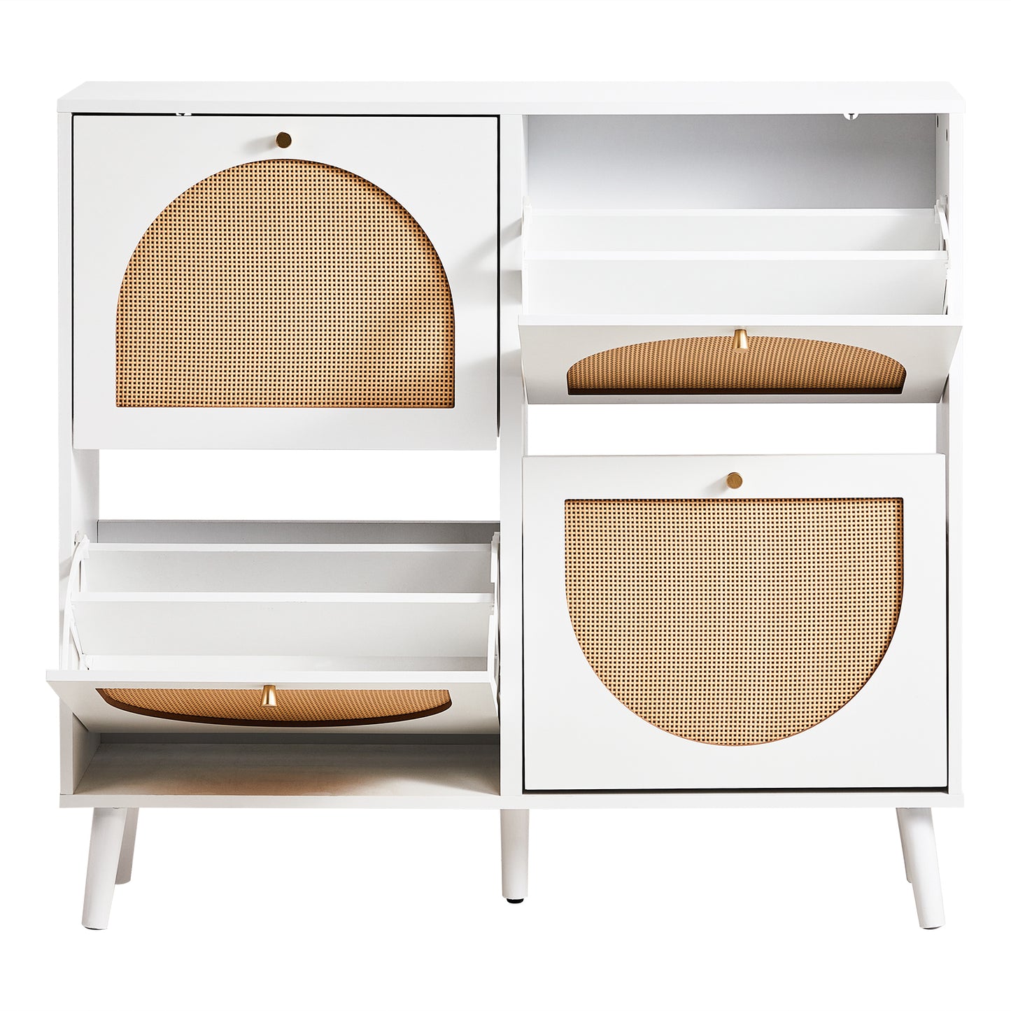 2 rows of 4 dump buckets with high feet round rattan shoe cabinet particle board + plastic rattan 105*24*98cm white frame + original wood rattan surface + gold high feet