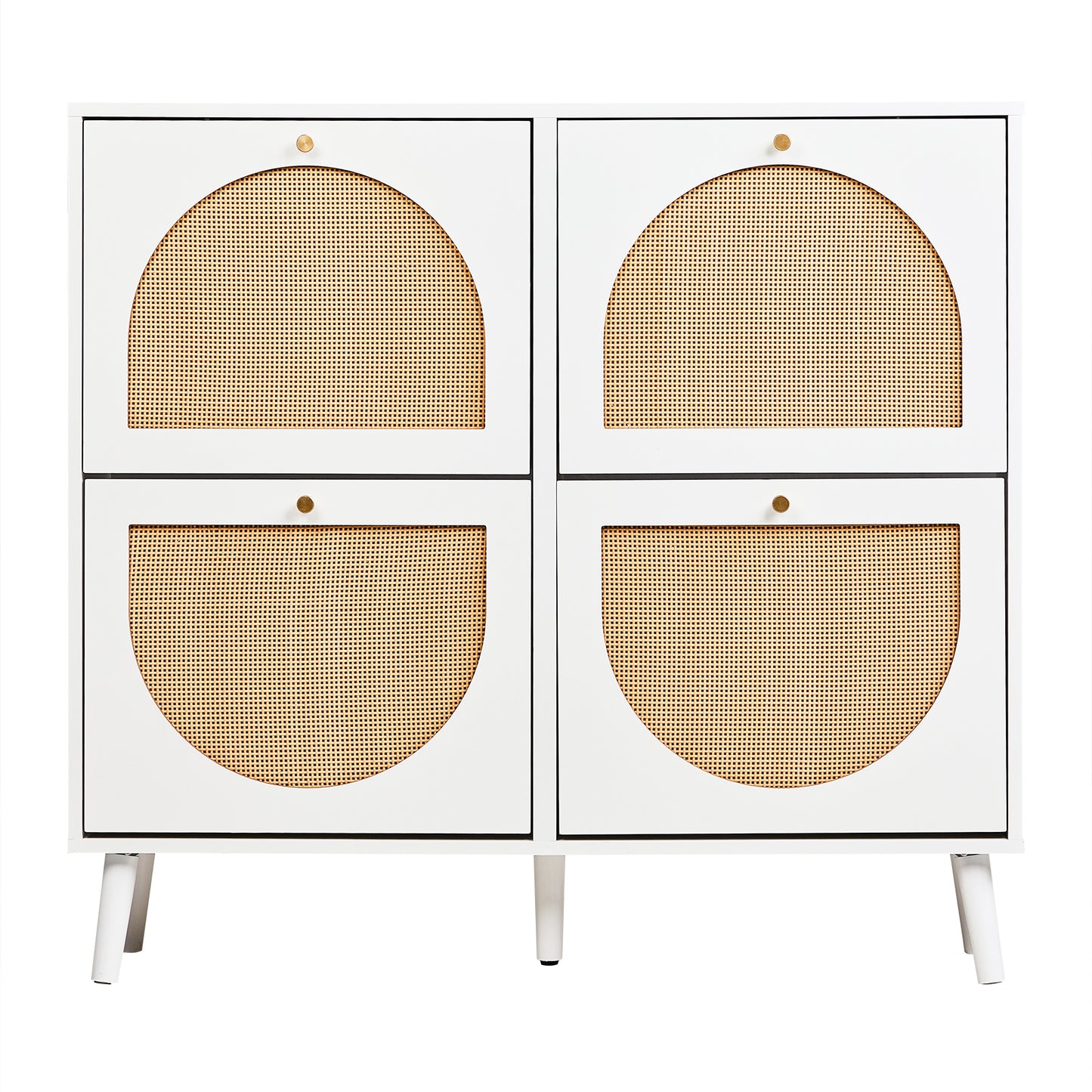 2 rows of 4 dump buckets with high feet round rattan shoe cabinet particle board + plastic rattan 105*24*98cm white frame + original wood rattan surface + gold high feet