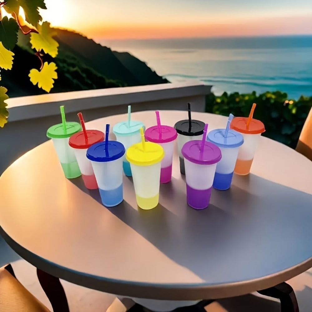 10pcs Color Changing Reusable Cups With Lids And Straws - Perfect For Cold Drinks, Iced Coffee, And Parties - Essential Home Party Supplies For Every Occasion.