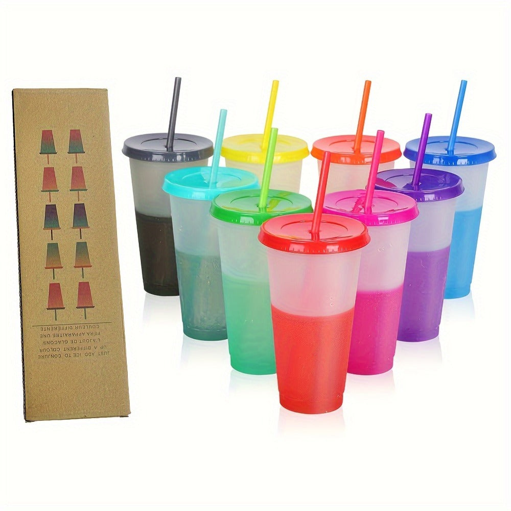 10pcs Color Changing Reusable Cups With Lids And Straws - Perfect For Cold Drinks, Iced Coffee, And Parties - Essential Home Party Supplies For Every Occasion.