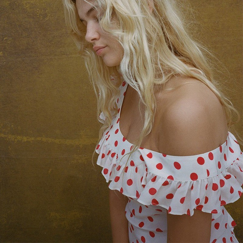 Women's Ruffle One-shoulder Polka Dot Print Silk Dress