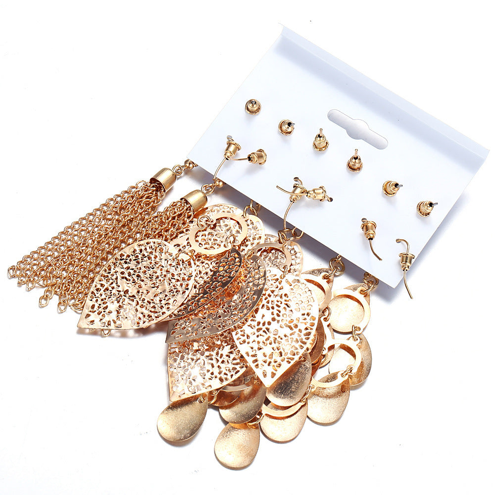 6 pairs of plate pearl earrings set hollow leaf woven earrings