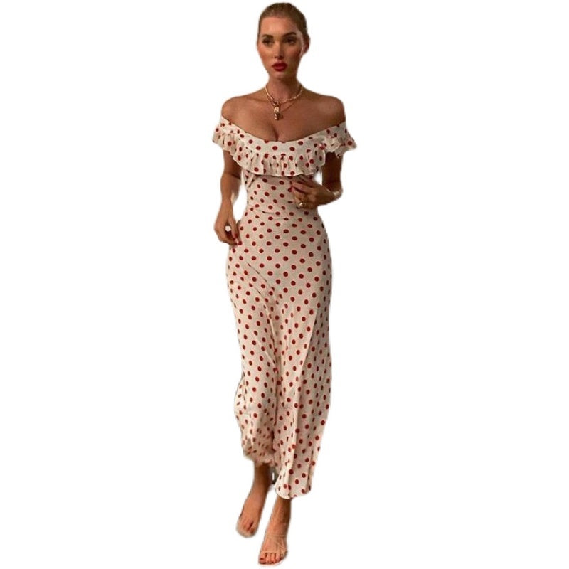 Women's Ruffle One-shoulder Polka Dot Print Silk Dress