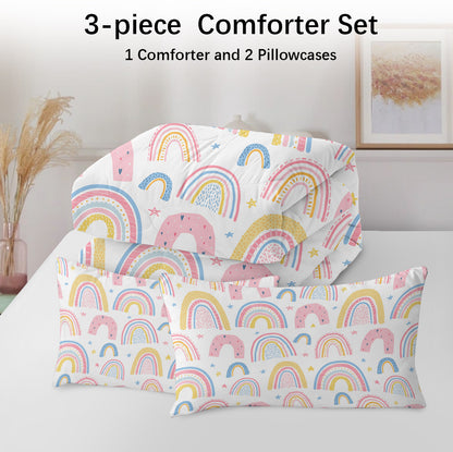 Rainbow Pattern Comforter Set for Women Pink and Yellow Rainbow Star Comforter 3 Piece with 2 Pillow Shams(1 Comforter and 2 Pillow Shams) Twin Size