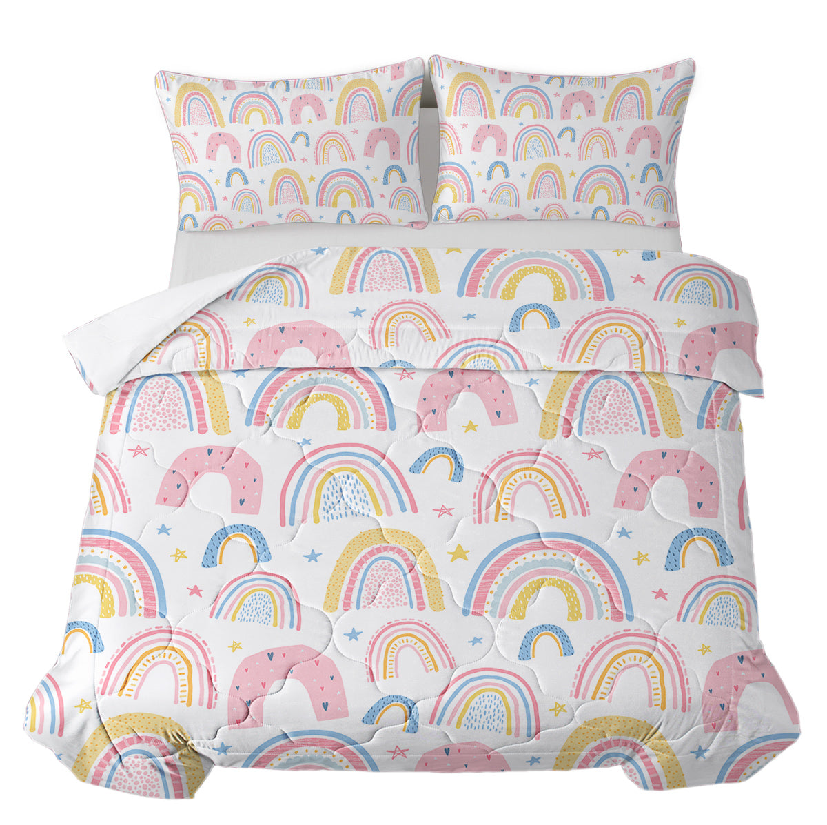 Rainbow Pattern Comforter Set for Women Pink and Yellow Rainbow Star Comforter 3 Piece with 2 Pillow Shams(1 Comforter and 2 Pillow Shams) Twin Size