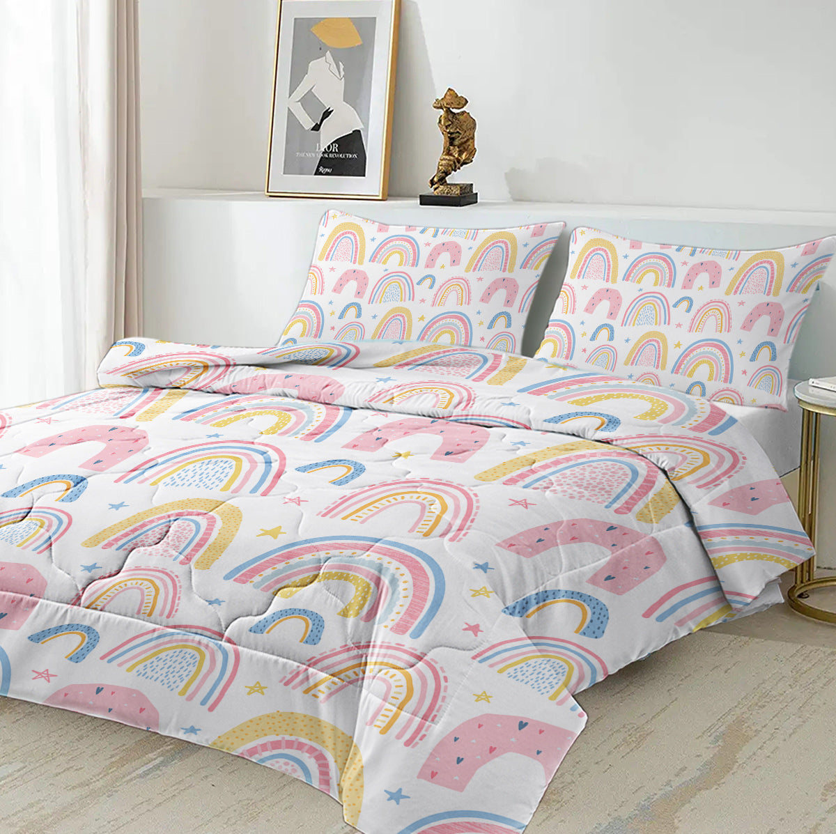 Rainbow Pattern Comforter Set for Women Pink and Yellow Rainbow Star Comforter 3 Piece with 2 Pillow Shams(1 Comforter and 2 Pillow Shams) Twin Size