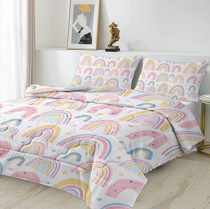 Rainbow Pattern Comforter Set for Women Pink and Yellow Rainbow Star Comforter 3 Piece with 2 Pillow Shams(1 Comforter and 2 Pillow Shams) Twin Size