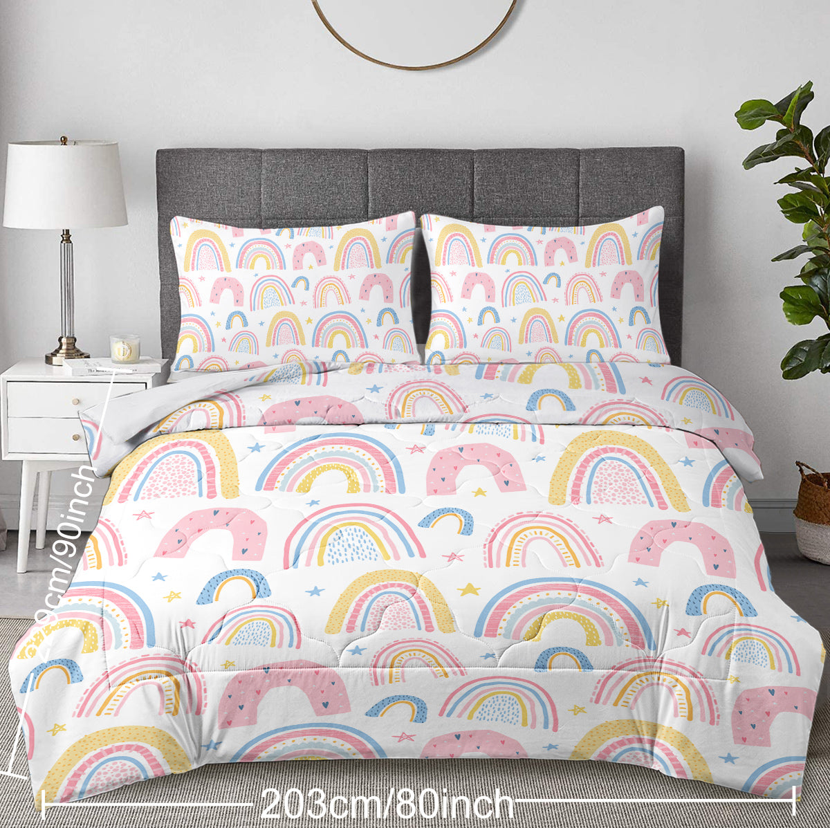 Rainbow Pattern Comforter Set for Women Pink and Yellow Rainbow Star Comforter 3 Piece with 2 Pillow Shams(1 Comforter and 2 Pillow Shams) Twin Size