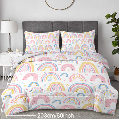 Rainbow Pattern Comforter Set for Women Pink and Yellow Rainbow Star Comforter 3 Piece with 2 Pillow Shams(1 Comforter and 2 Pillow Shams) Twin Size