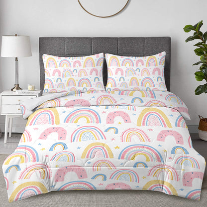 Rainbow Pattern Comforter Set for Women Pink and Yellow Rainbow Star Comforter 3 Piece with 2 Pillow Shams(1 Comforter and 2 Pillow Shams) Twin Size