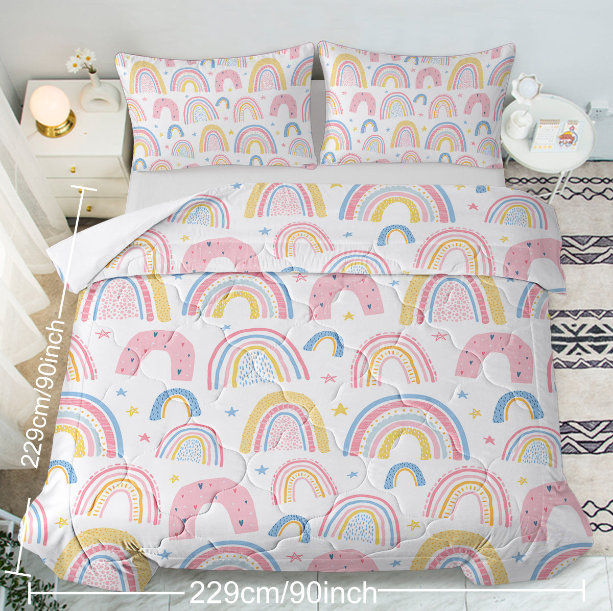 Rainbow Pattern Comforter Set for Women Pink and Yellow Rainbow Star Comforter 3 Piece with 2 Pillow Shams(1 Comforter and 2 Pillow Shams) Twin Size