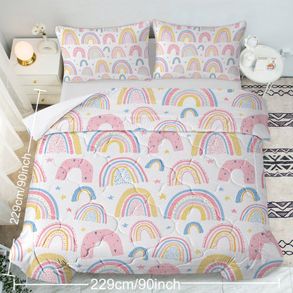 Rainbow Pattern Comforter Set for Women Pink and Yellow Rainbow Star Comforter 3 Piece with 2 Pillow Shams(1 Comforter and 2 Pillow Shams) Twin Size