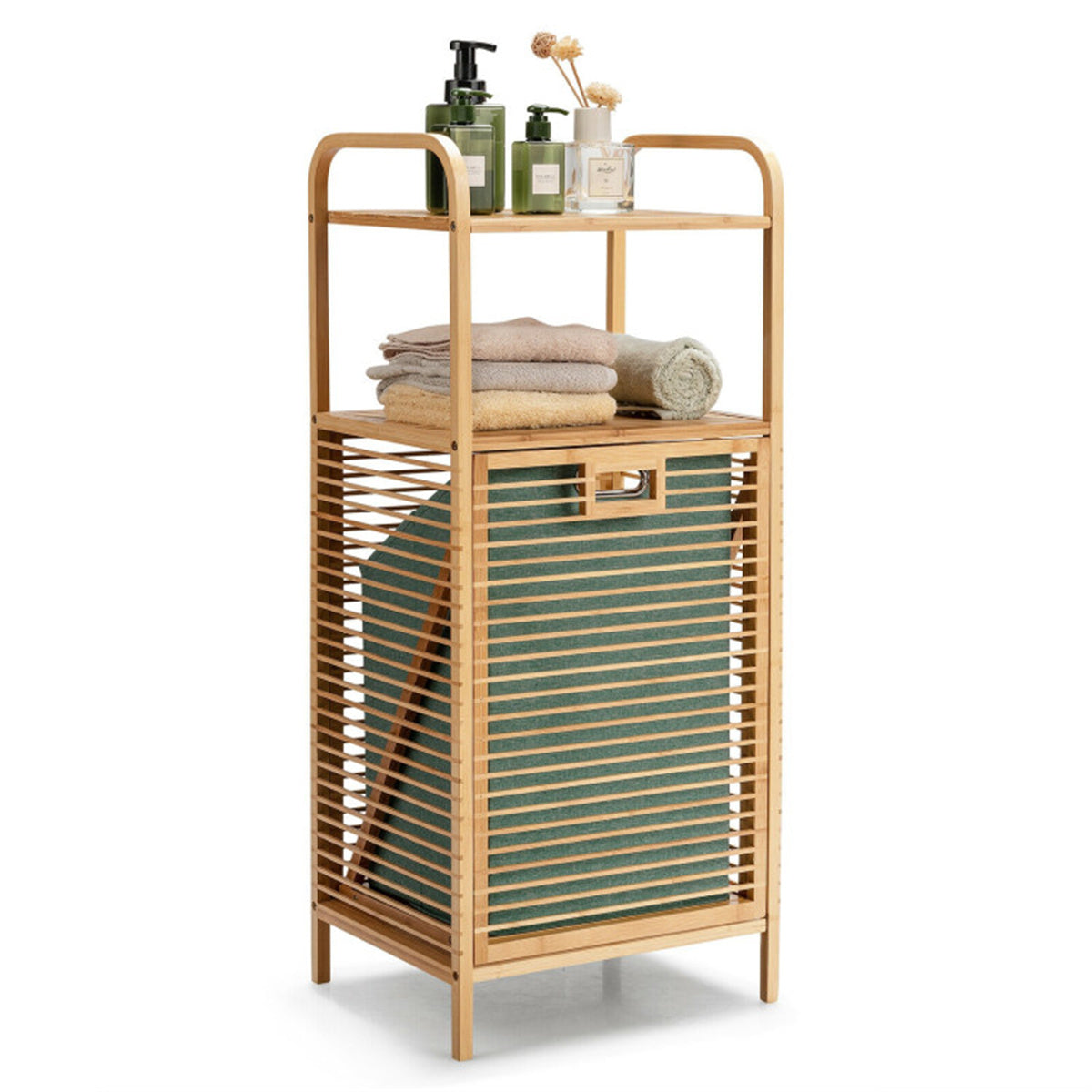 Bamboo Bathroom Shelf with Tilt-out Laundry Hamper