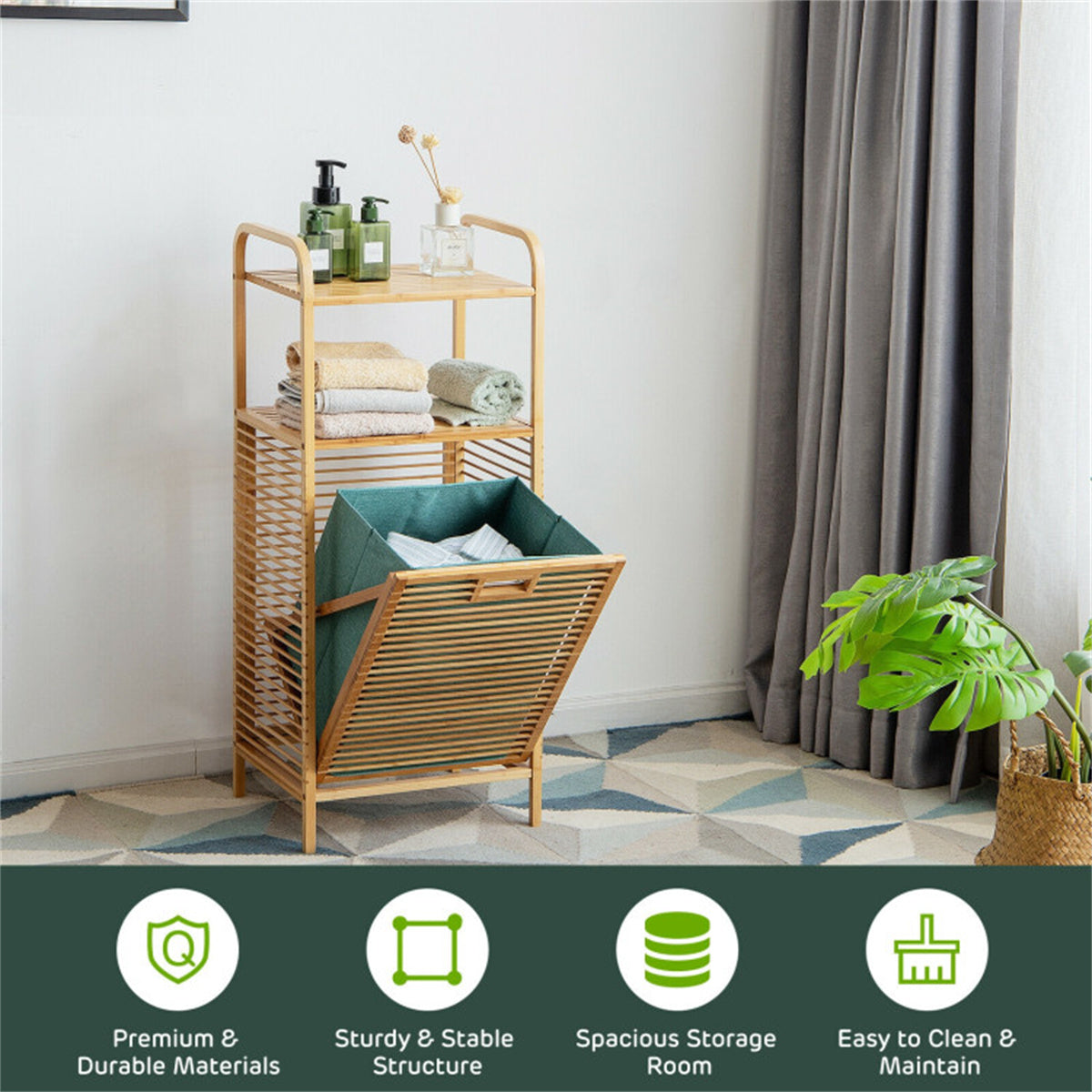 Bamboo Bathroom Shelf with Tilt-out Laundry Hamper
